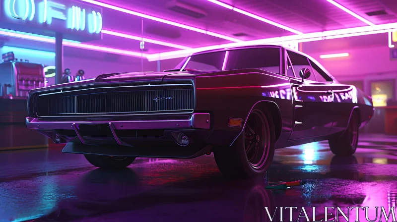 Classic Muscle Car 3D Rendering with Neon Lights AI Image