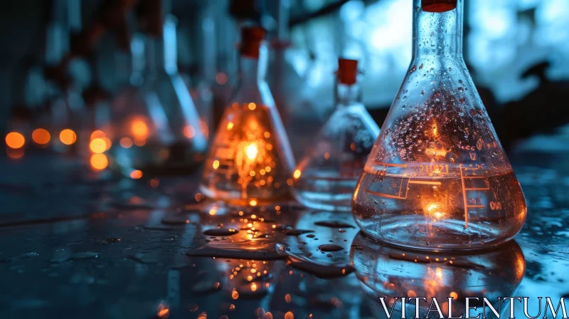 Close-Up Laboratory Glassware: Illuminated by Warm Light AI Image