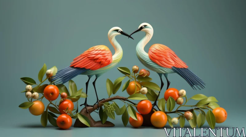 AI ART Colorful Birds on Fruit Branch - 3D Rendering