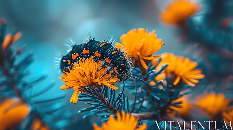 AI ART Detailed Macro Image of Black and Orange Caterpillar on Yellow Flower