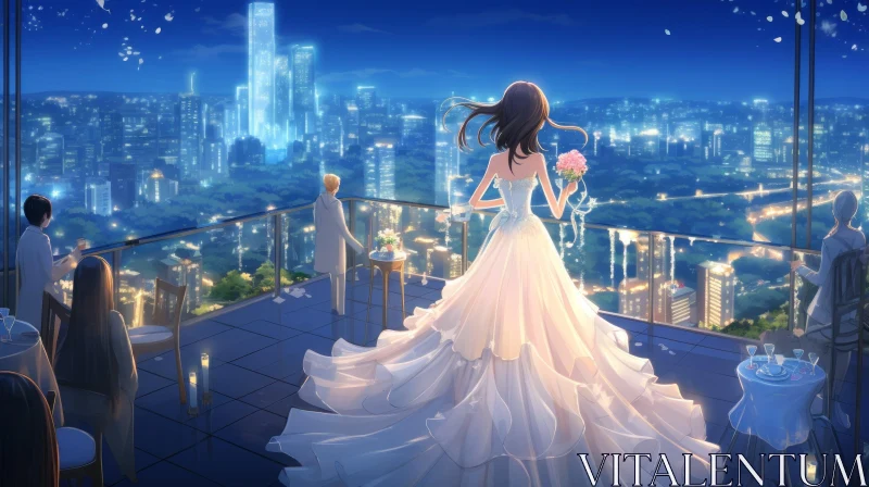 Romantic Anime-style Wedding Illustration Overlooking City AI Image