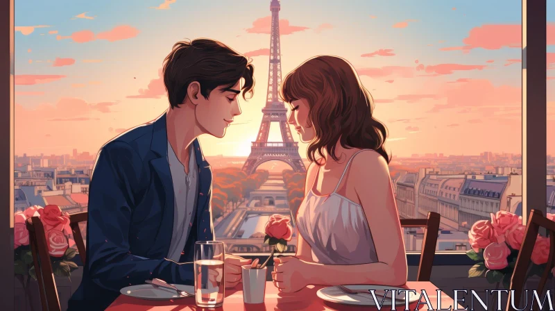AI ART Romantic Couple Painting at Restaurant with Eiffel Tower - Artwork