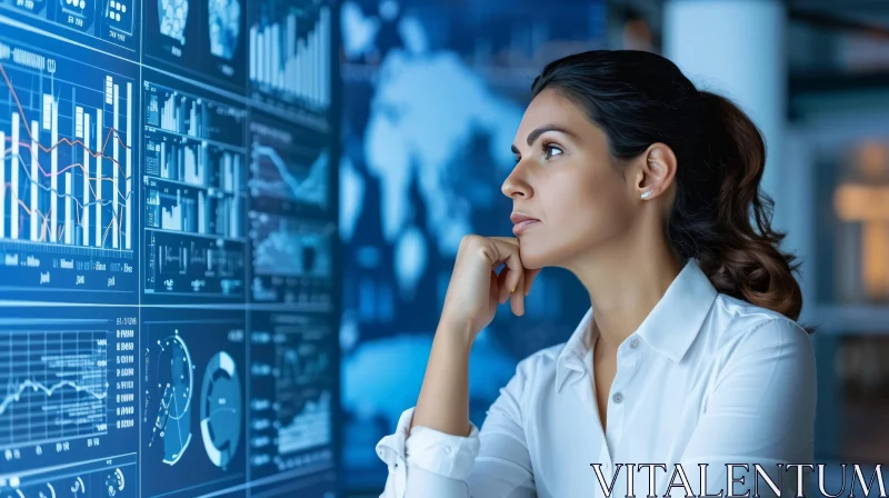Thoughtful Businesswoman Analyzing Data on Virtual Screens AI Image