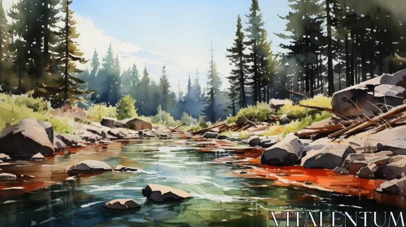 AI ART Tranquil Forest River Watercolor Painting
