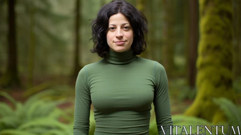 Young Woman in Green Turtleneck in Lush Forest AI Image