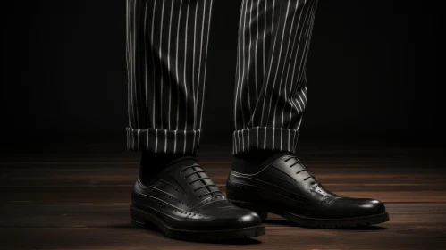 Black Leather Shoes with Brogue Pattern and Striped Pants