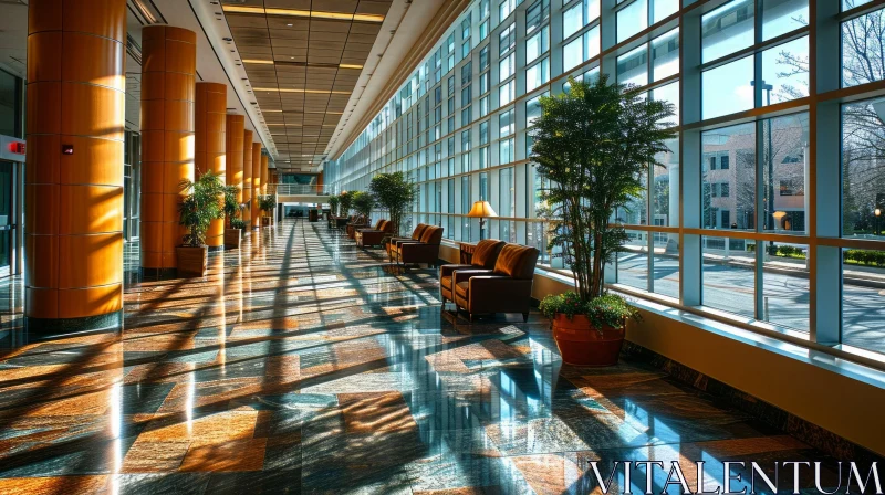 Bright Hospital Corridor with Large Windows and Shiny Marble Tiles AI Image