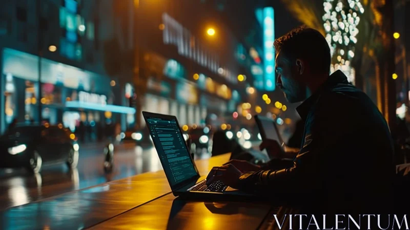 Captivating Night Scene: Man in Cafe Using Laptop and Smartphone