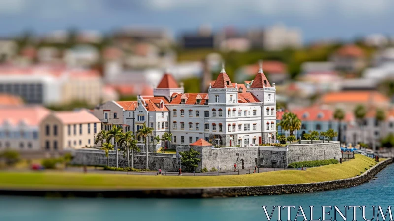 Captivating Tilt-Shift Image of a Coastal Town | Blue Sky, Palm Trees, and Sparkling Waters AI Image