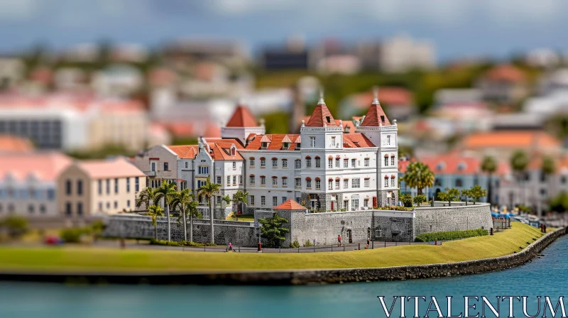 Captivating Tilt-Shift Image of a Coastal Town | Blue Sky, Palm Trees, and Sparkling Waters