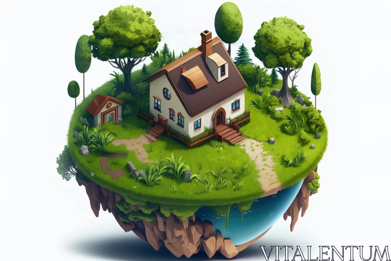 Cartoon House on a Tiny Island with Trees | Organic Landscapes AI Image