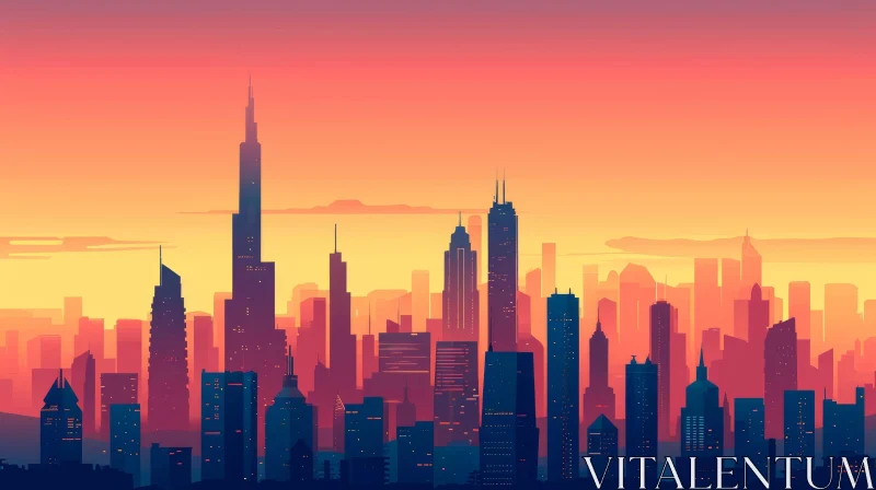 AI ART Cityscape Sunset Digital Painting - Orange Pink Yellow Sky