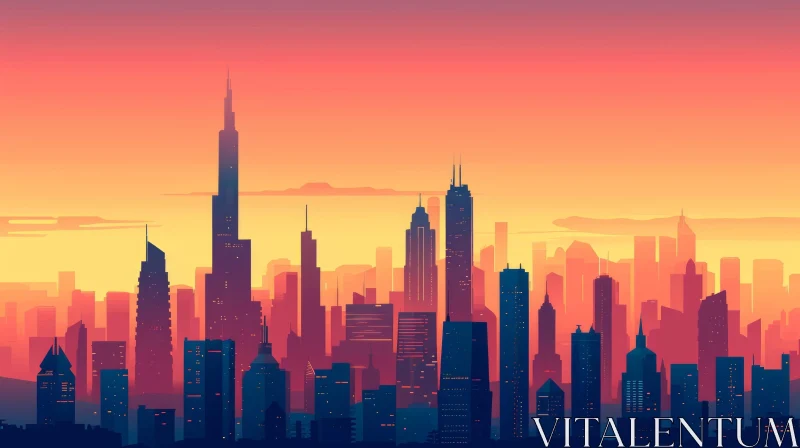 Cityscape Sunset Digital Painting - Orange Pink Yellow Sky