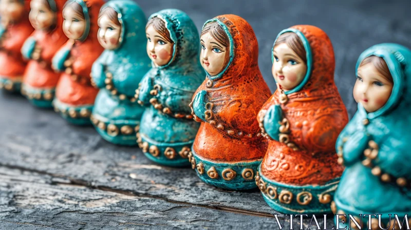 Exquisite Hand-Painted Russian Nesting Dolls on Dark Wooden Table AI Image