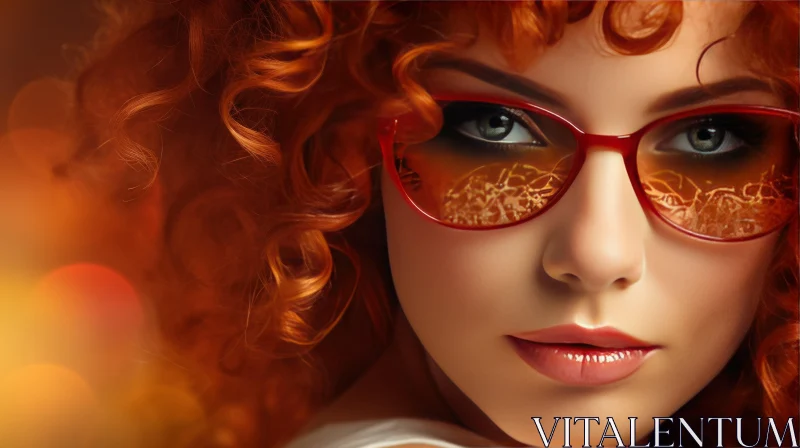 Intense Portrait of a Red-Haired Woman in Sunglasses AI Image