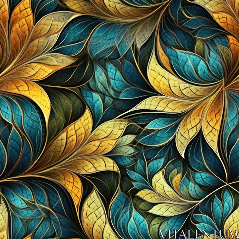 Luxurious Blue and Gold Leaves Pattern AI Image