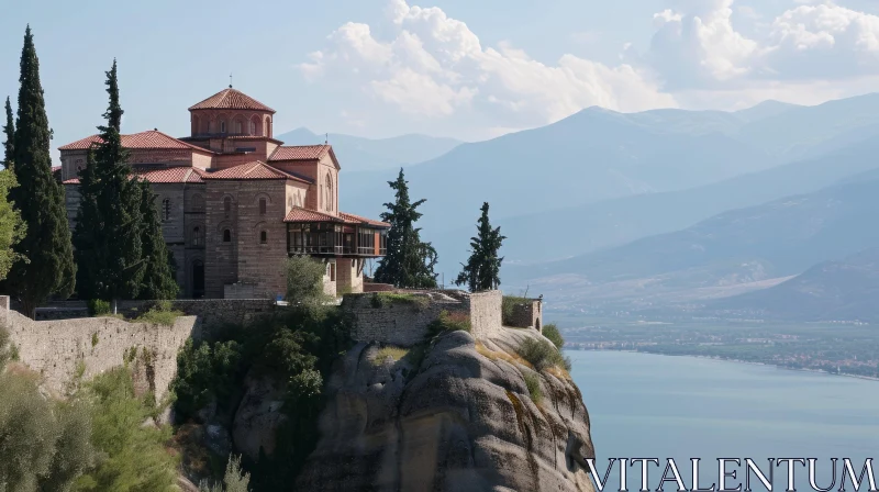 Majestic Greek Landscape: Mountain Range, Monastery, and Tranquil Lake AI Image