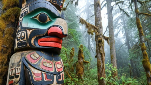 Majestic Totem Pole in a Dense Forest - Wood Carving Art