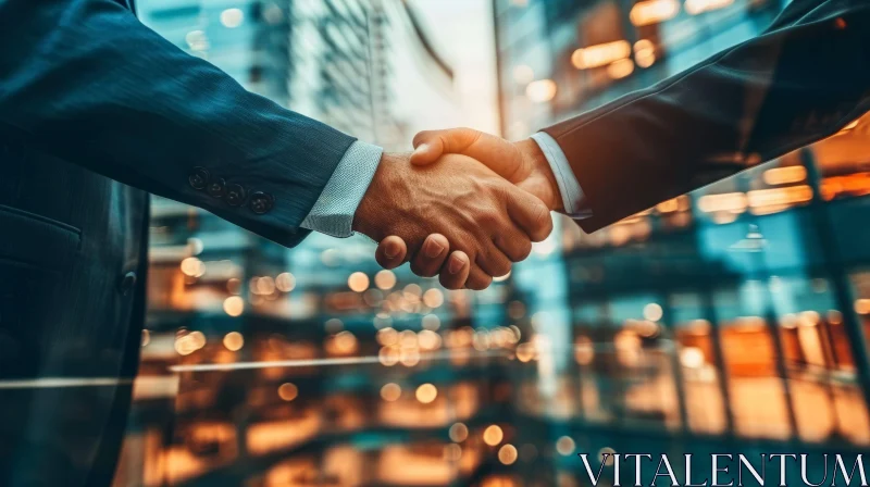 Powerful Business Partnership: Two Businessmen Shaking Hands in Front of an Office Building