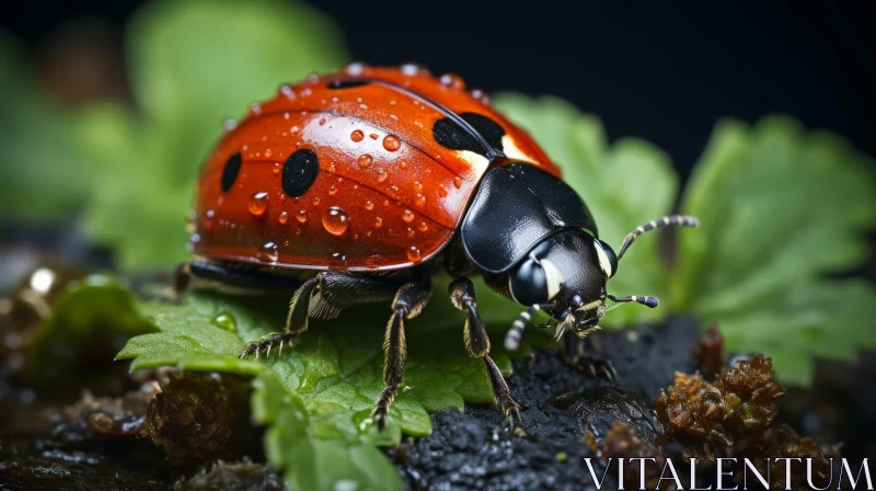 Red Ladybug on Green Leaf with Water Droplets AI Image