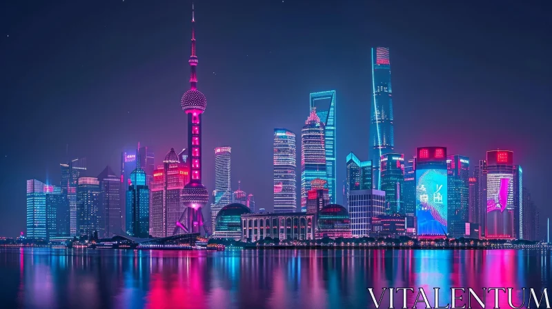 Shanghai Cityscape at Night | Neon Lights and Cyberpunk Vibes AI Image