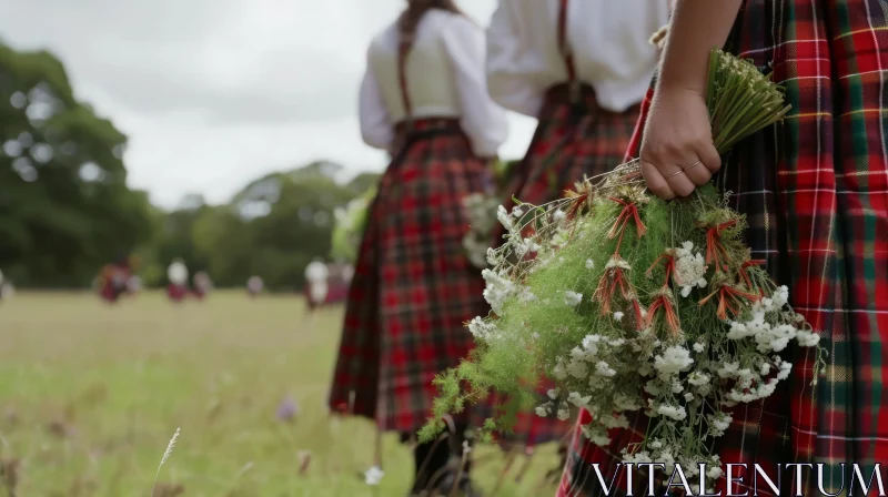 Traditional Scottish Kilt and Flower Bouquets in a Field