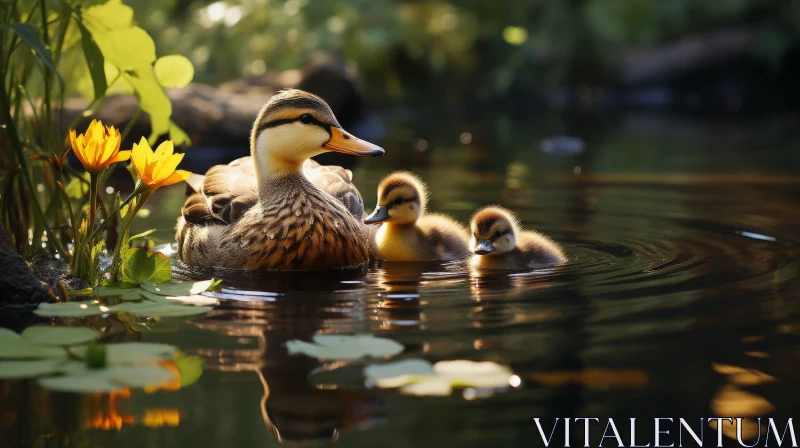 Tranquil Duck and Ducklings Swimming in Pond AI Image