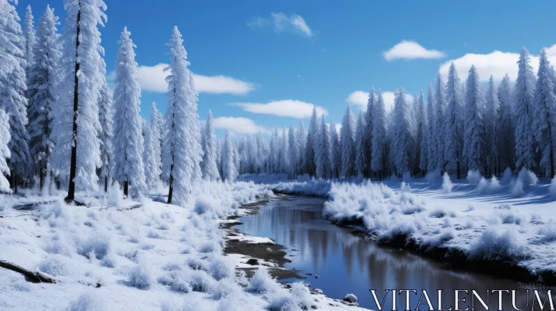 AI ART Tranquil Winter Landscape - Snowy Trees and River Scene