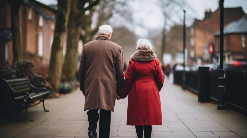 Urban Love: Elderly Couple Walking Down Sidewalk