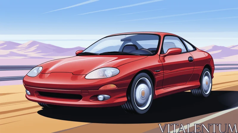 Vibrant Red Sports Car Driving Down a Desert Road | Cartoonish Realism AI Image