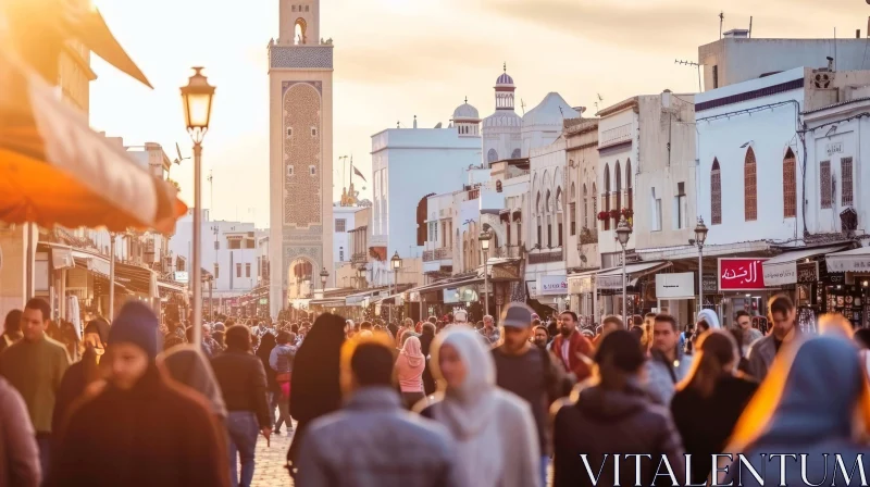 Vibrant Street Scene in Marrakesh, Morocco at Sunset AI Image