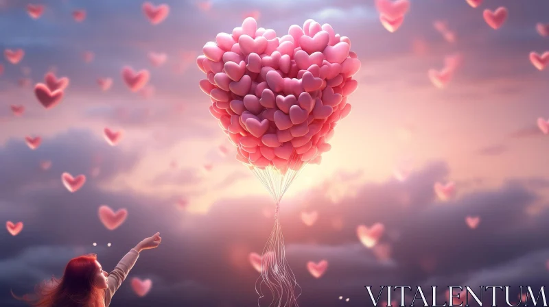 AI ART Whimsical Person Reaching for Pink Heart-shaped Balloons