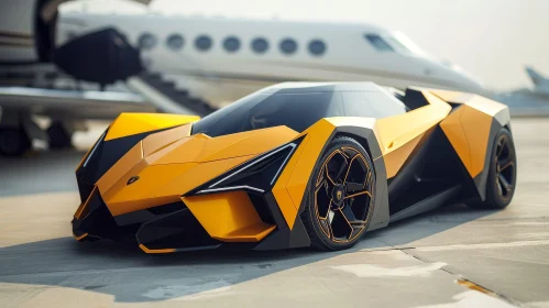 Yellow and Black Supercar Parked Next to Private Jet