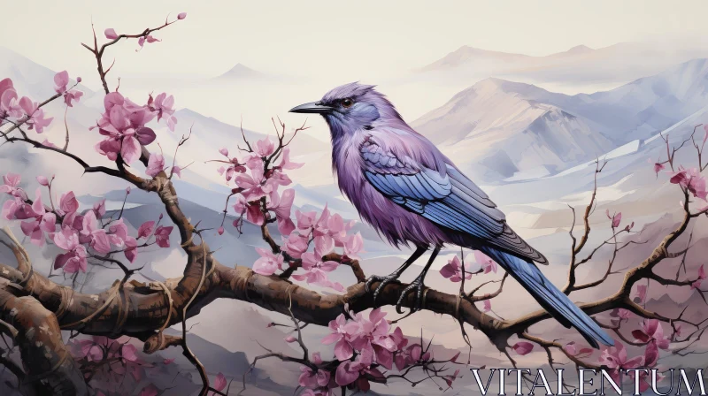 Blue Bird Painting on Cherry Tree Branch with Mountain Background AI Image