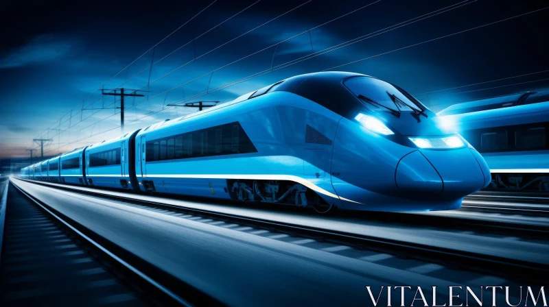 Blue High-Speed Train in Motion AI Image