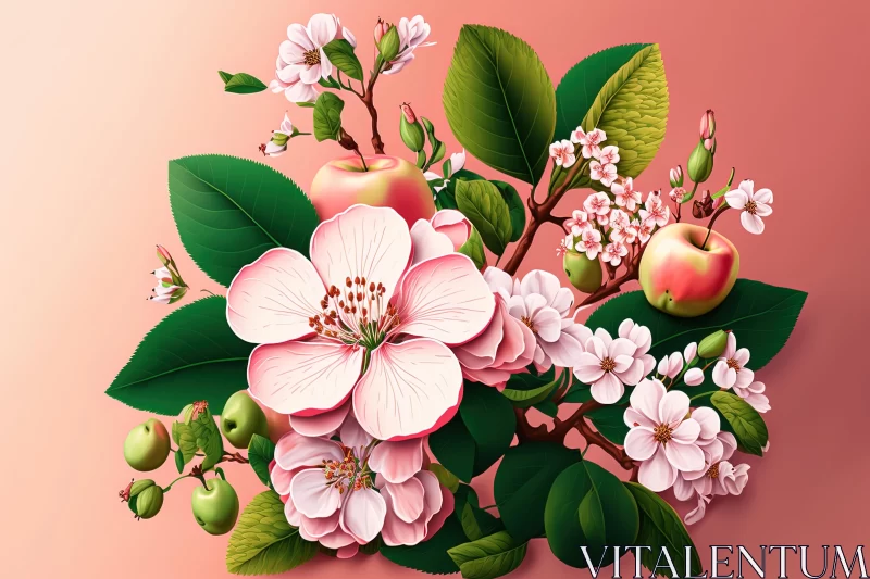 Captivating Bouquet of Pink Flowers and Apples on Pink Background AI Image
