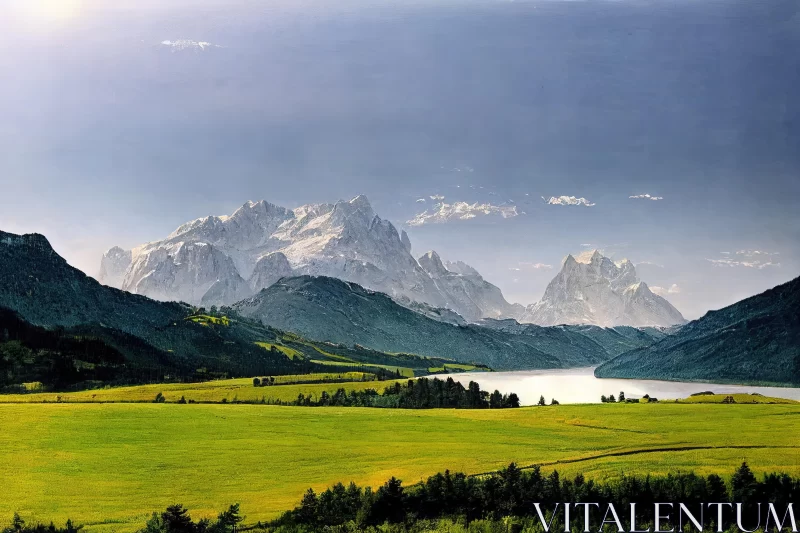 AI ART Captivating Green Field and Majestic Mountains | Romantic Landscape