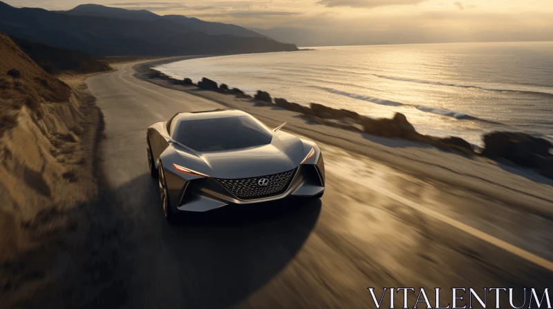 AI ART Captivating Silver Nissan Concept Car Driving Along the Ocean