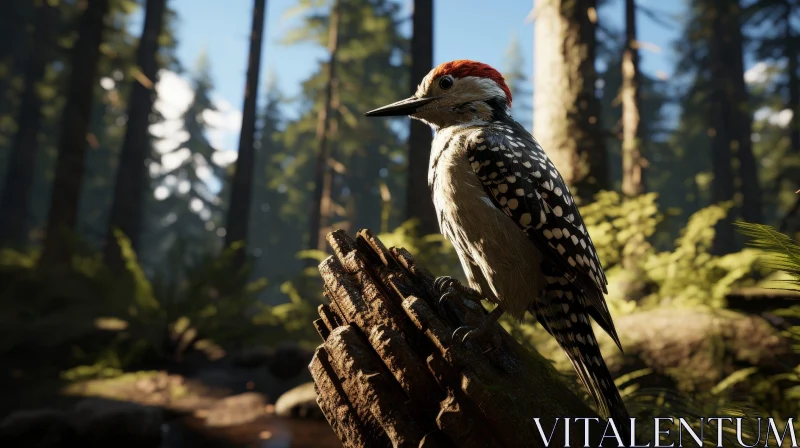 AI ART Close-up Woodpecker on Tree Stump