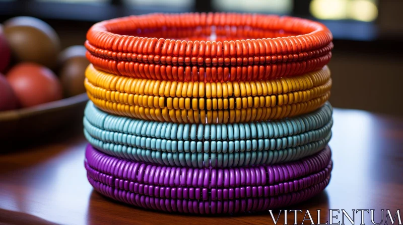 Colorful Bracelets Stack on Wooden Table with Fruit Bowl Background AI Image