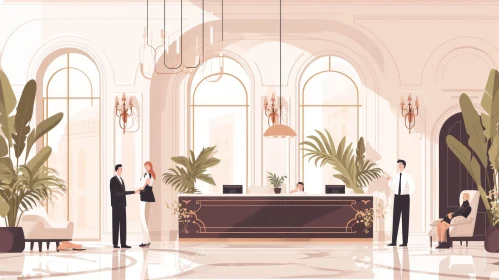 Elegant Hotel Lobby with Handshake and Reading Scene