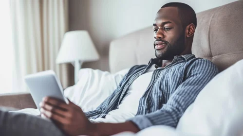 Enigmatic African-American Man Immersed in Book on Hotel Room Bed