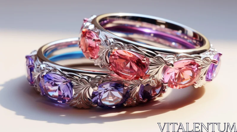 AI ART Exquisite Silver Rings with Pink and Purple Gemstones