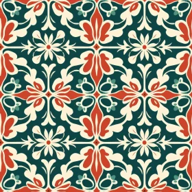 Floral Tiles Pattern in Green and Red