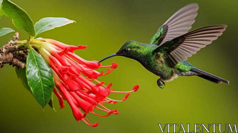 Green Hummingbird Flying to Red Flower AI Image
