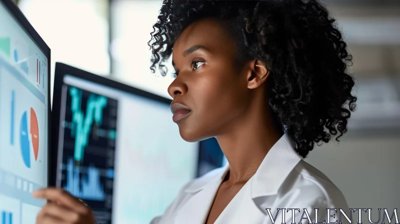 Intelligent Dedication: A Young African-American Female Scientist Engrossed in Data Analysis AI Image