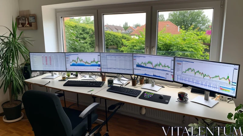 Minimalistic Home Office with Computer Monitors and Trading Charts AI Image