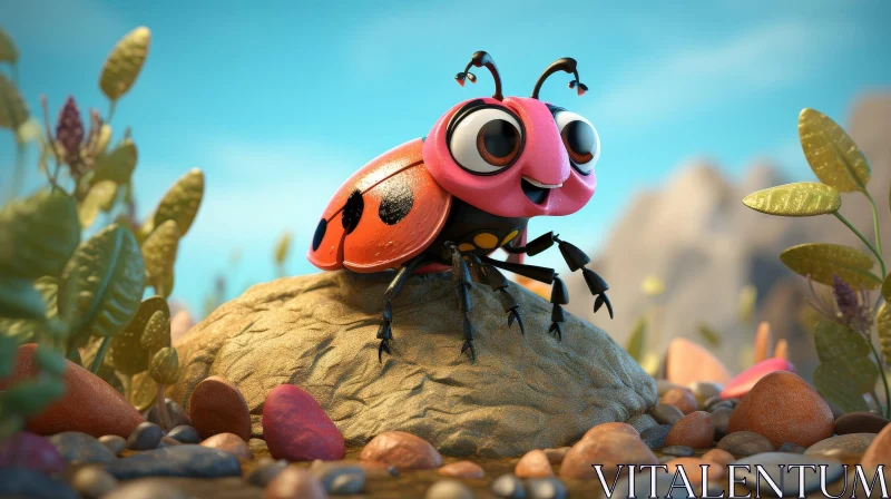Pink Ladybug 3D Rendering on Rock AI Image