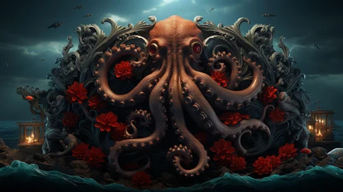 Powerful Octopus Painting with Red Flowers in the Sea
