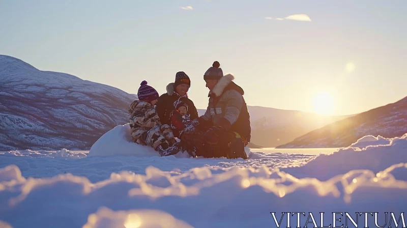 Serene Winter Scene: Family Enjoying Snow-Covered Lake AI Image